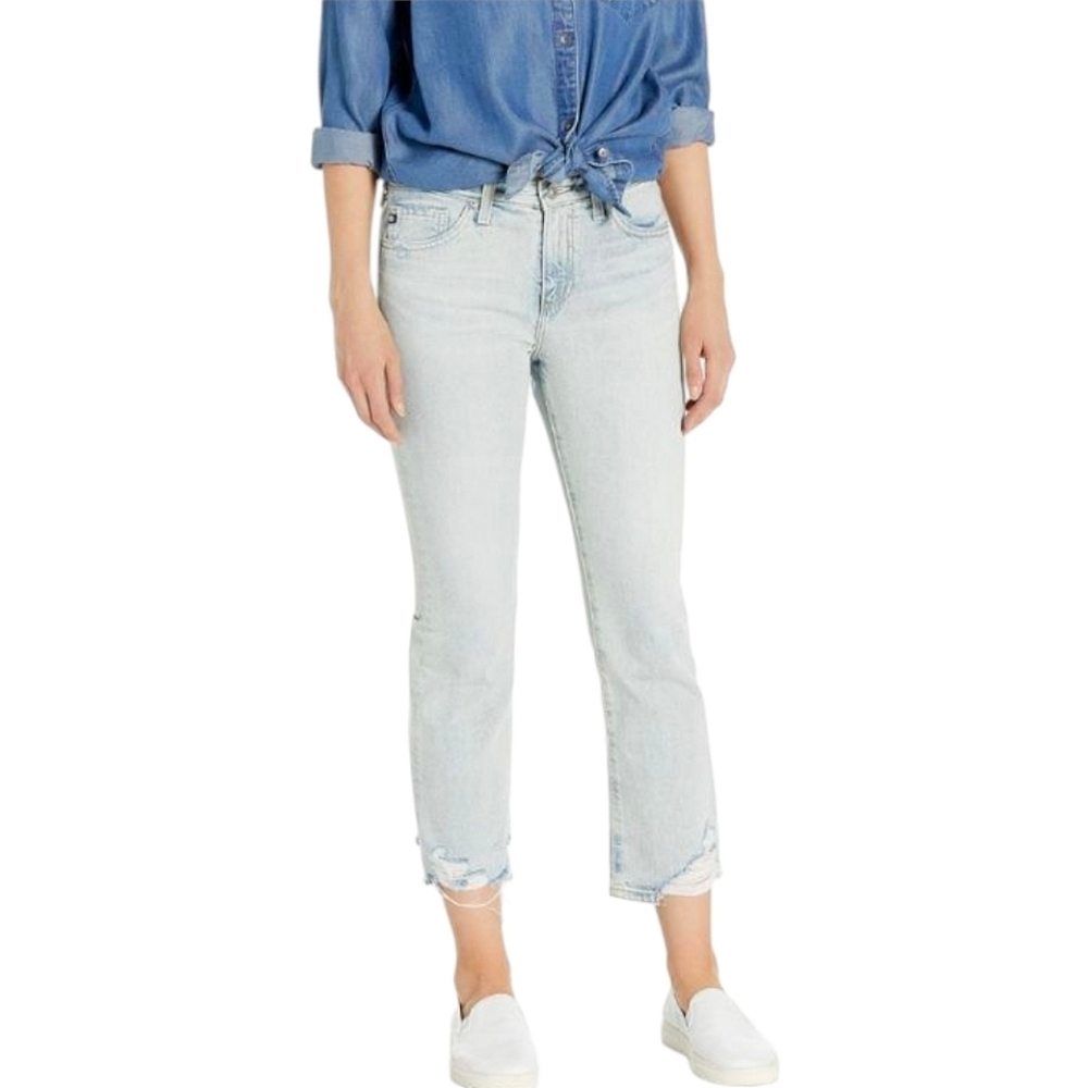 Adriano Goldschmiede The Jodi Crop High Rise Slim Flare Distressed Hem Jeans W32